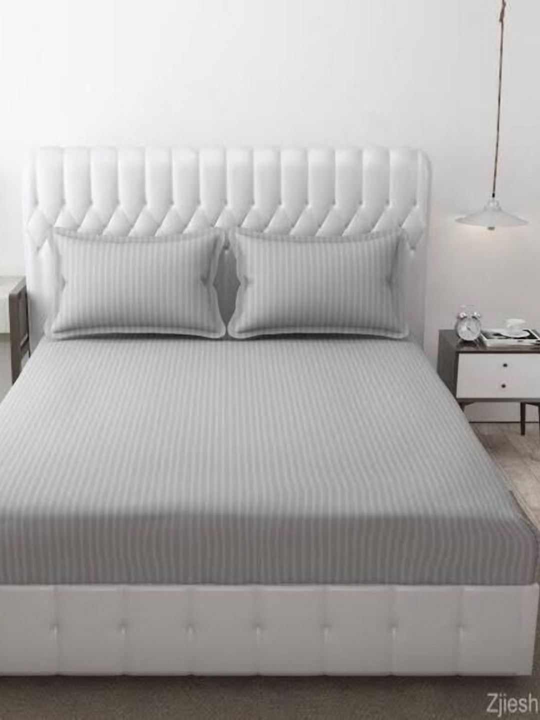 Bedbathandbliss Grey Striped Cotton Skin-Friendly 300 TC Super King Superfine Bedsheet with 2 Pillow Covers-108 x 108 inches