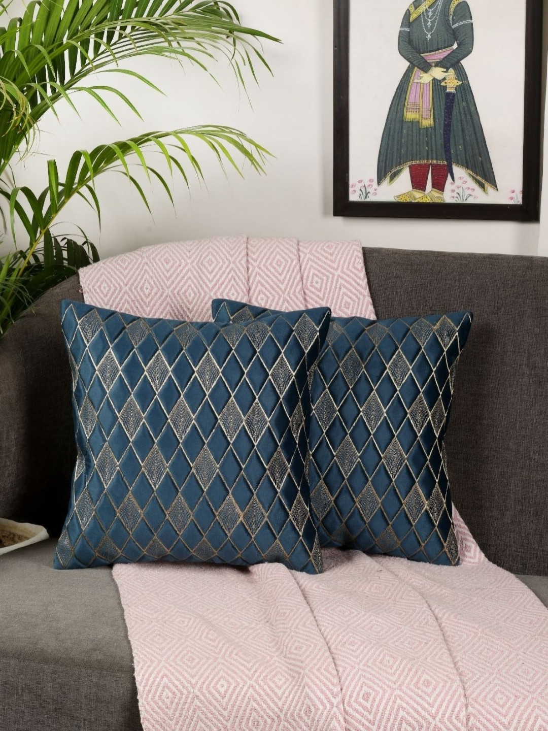 MONKDECOR Diamond Geometric Velvet Washable 2 Pcs Textured Cushion Covers - 12 x 12 In
