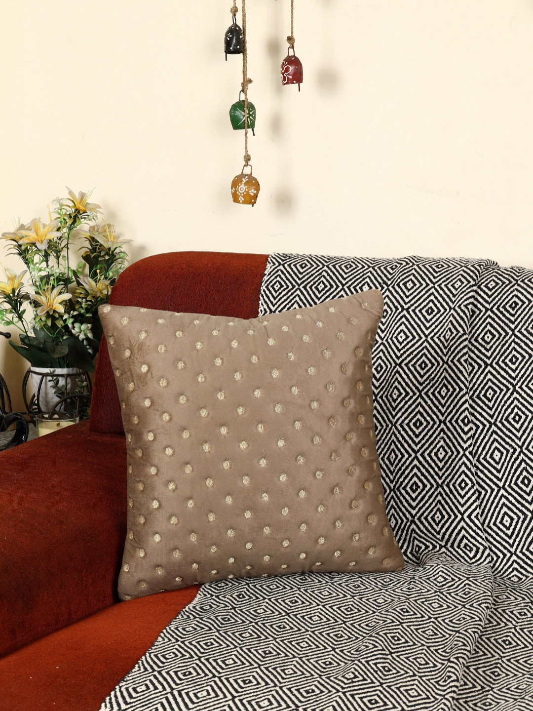 MONKDECOR Polka Dot Velvet Washable 5 Pcs Embroidered Cushion Covers - 12 x 12 Inches