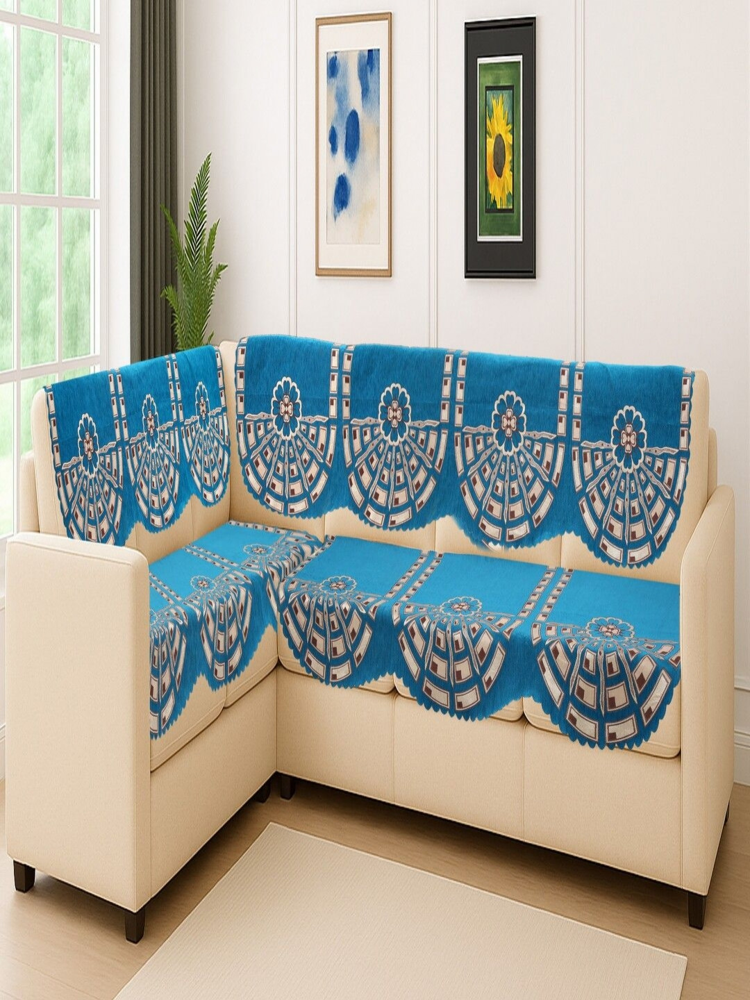 Fashion Throw Turquoise Blue Printed Jacquard pack of 2 Sofa Cover