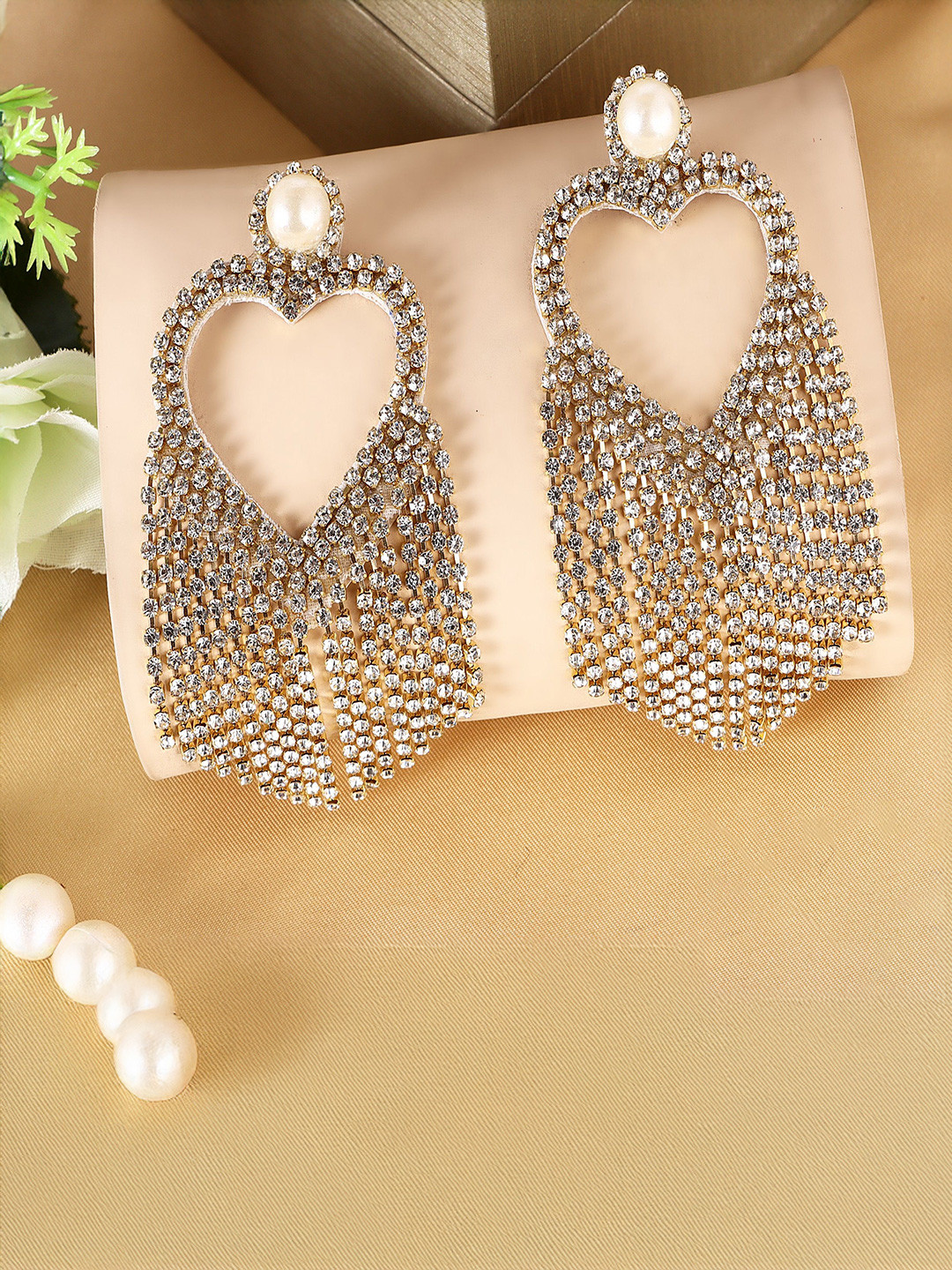 IIK COLLECTION Silver Gold-Plated Artificial Stones Studded Heart Shaped Drop Earrings