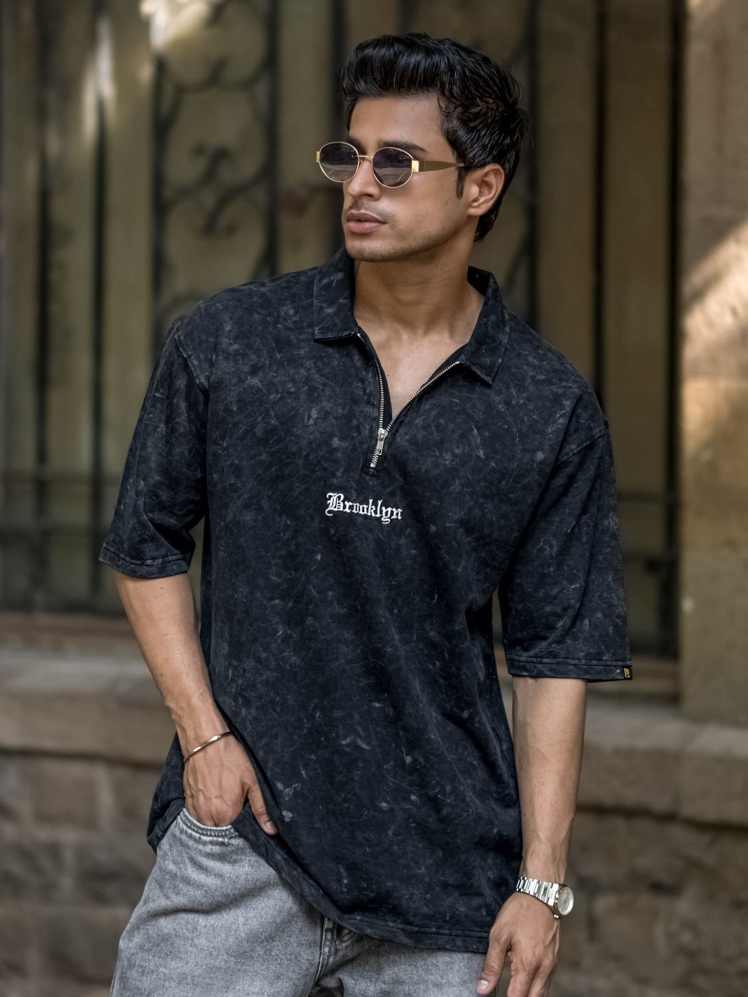 ManiacS Zipper Polo Collar Short Sleeves Embroidered T-shirt