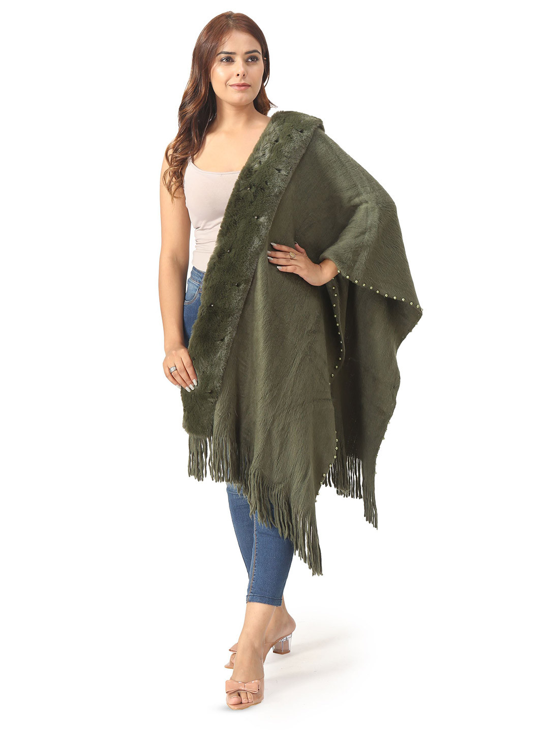 Manra Pure Woolen Ball Details Shawl With Tasselled Border