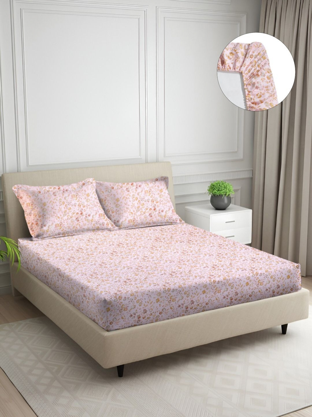 Signature Lilly Design 4 Pink Floral Cotton 120 TC Fitted King Bedsheet with 2 Pillow Covers-72 x 88 inches