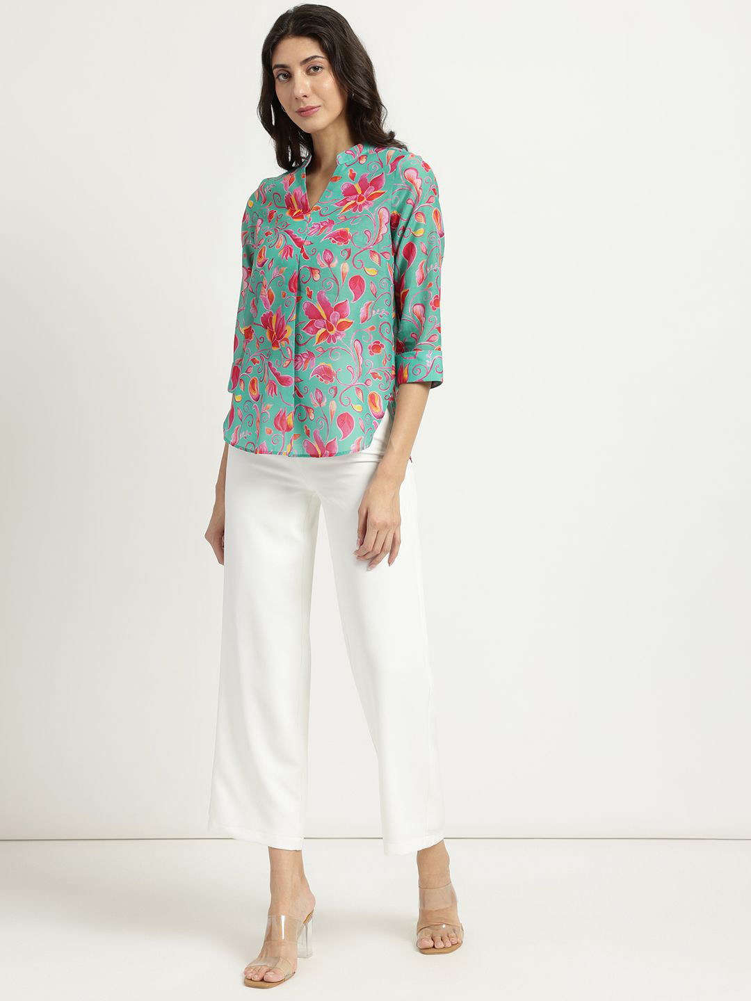 FableStreet Women Green and Pink Sheer Chanderi Top