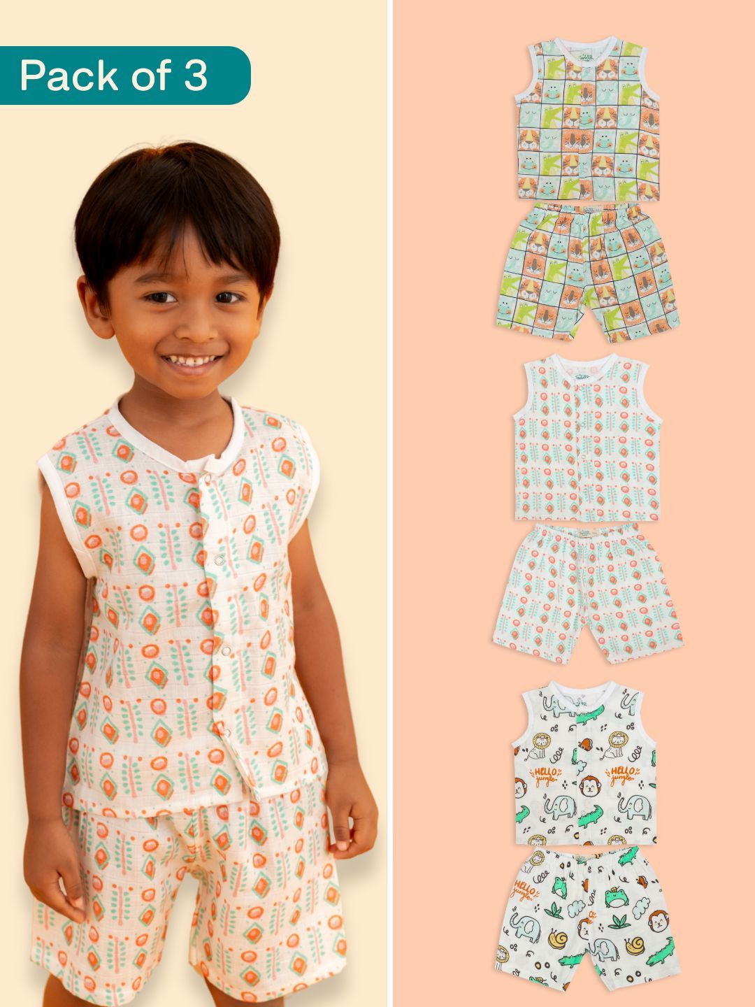 A Toddler Thing Lil Zoo Box Kids Pack Of 3 Printed Muslin Jablas With Shorts