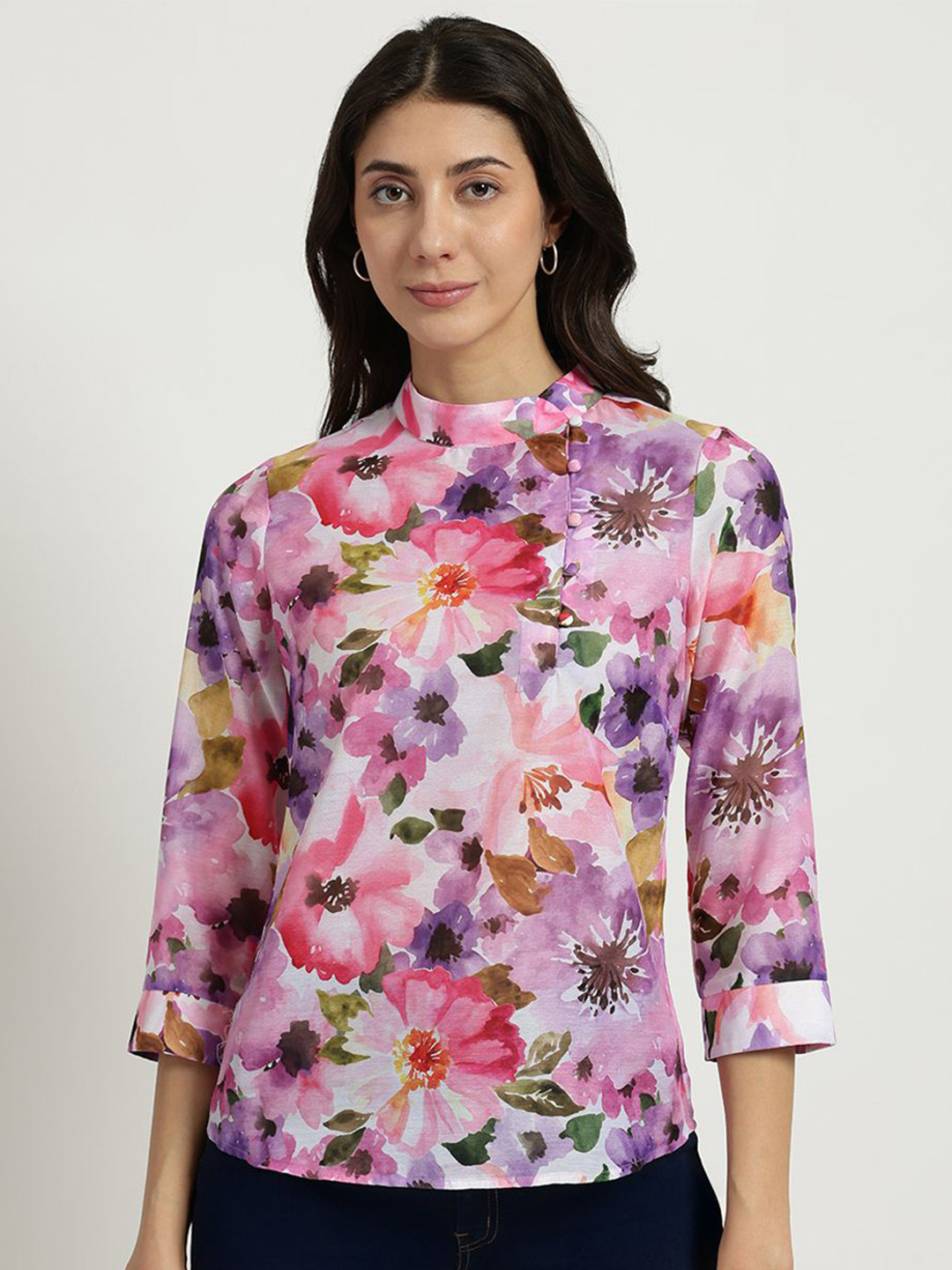 FableStreet Women Floral Printed Mandarin Collar Sheer Chanderi White Top
