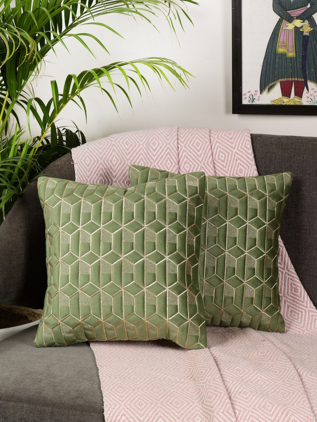 MONKDECOR Hexa Geometric Velvet Durable 2 Pcs Embroidered Cushion Covers - 11.8 x 11.8 In