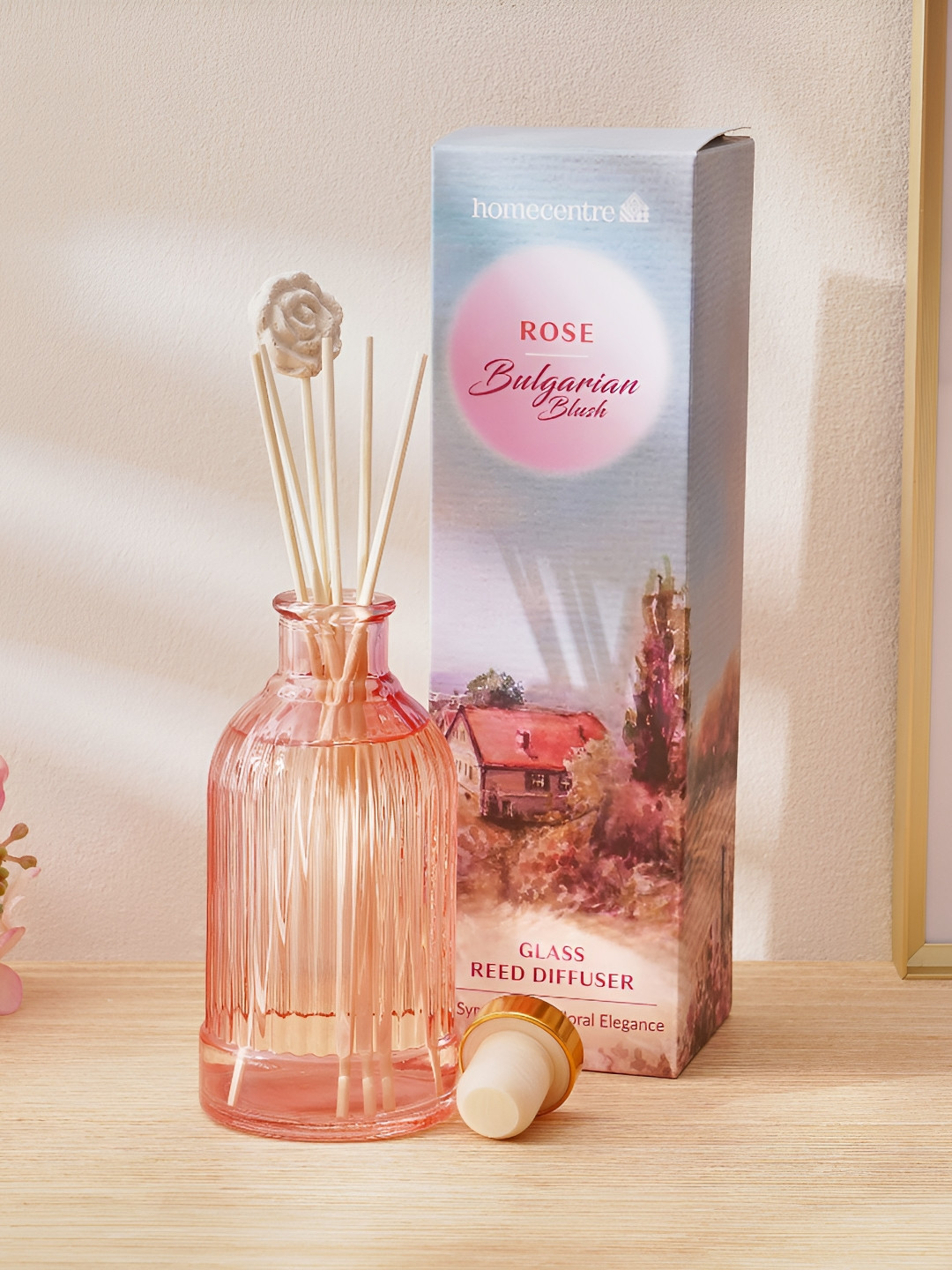Home Centre Red Redolence Glass Bulgarian Blush Rose Reed Diffuser Set