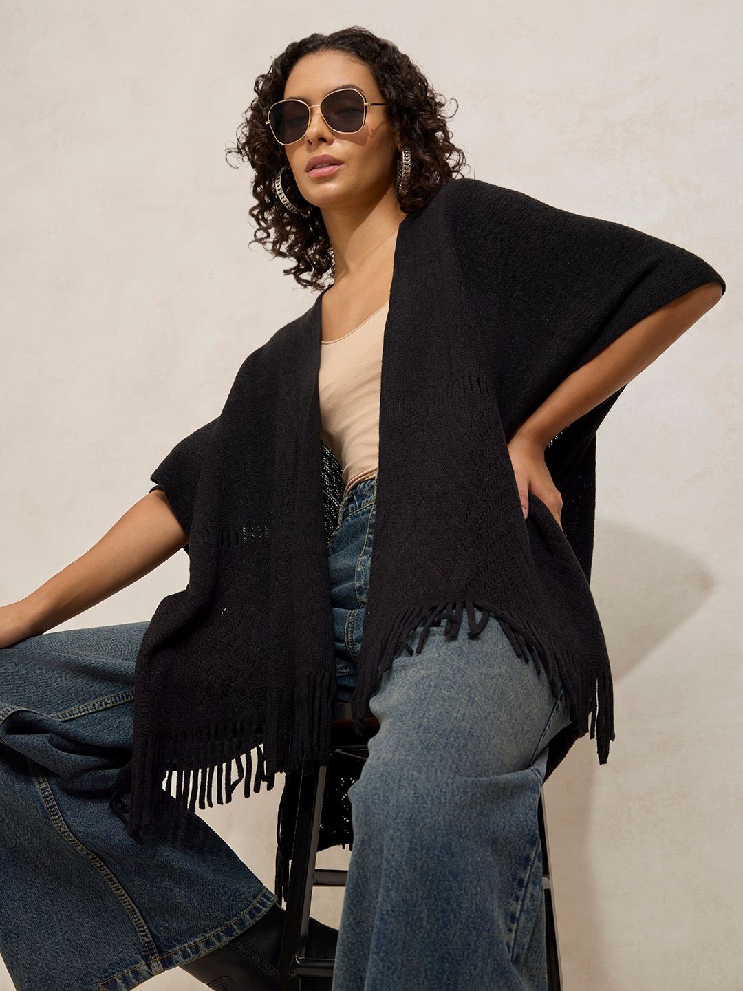 SHOWOFF Women Solid Textured Fringed Hem Poncho