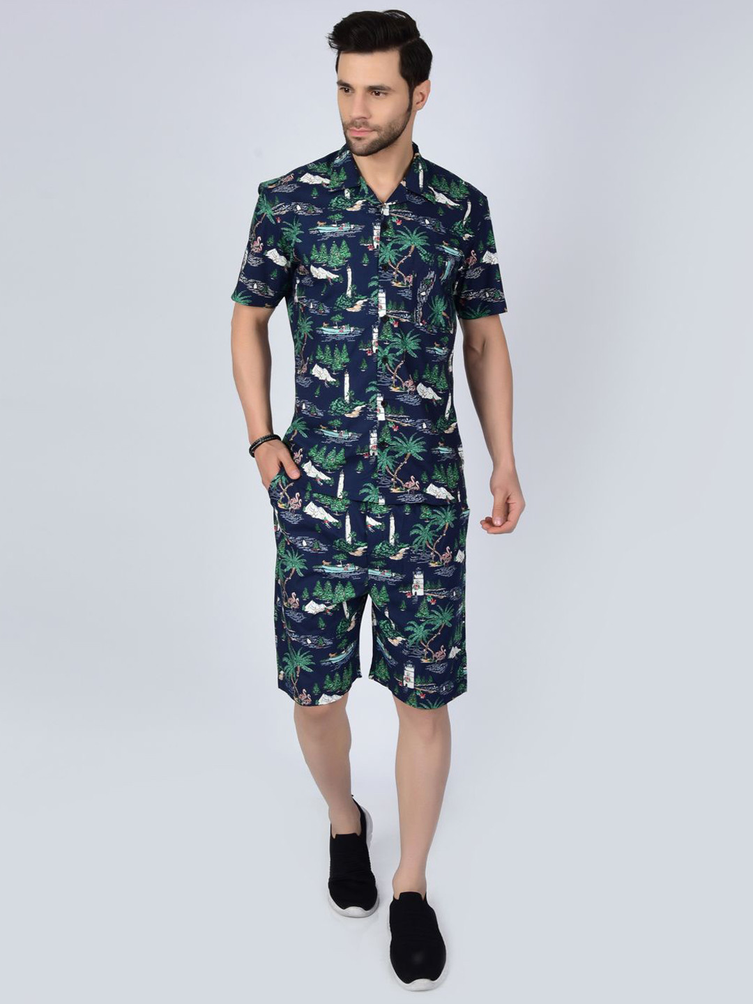 Heed Attentive Printed Pure Cotton Shirt Collar Shirt With Shorts Co-Ords Set
