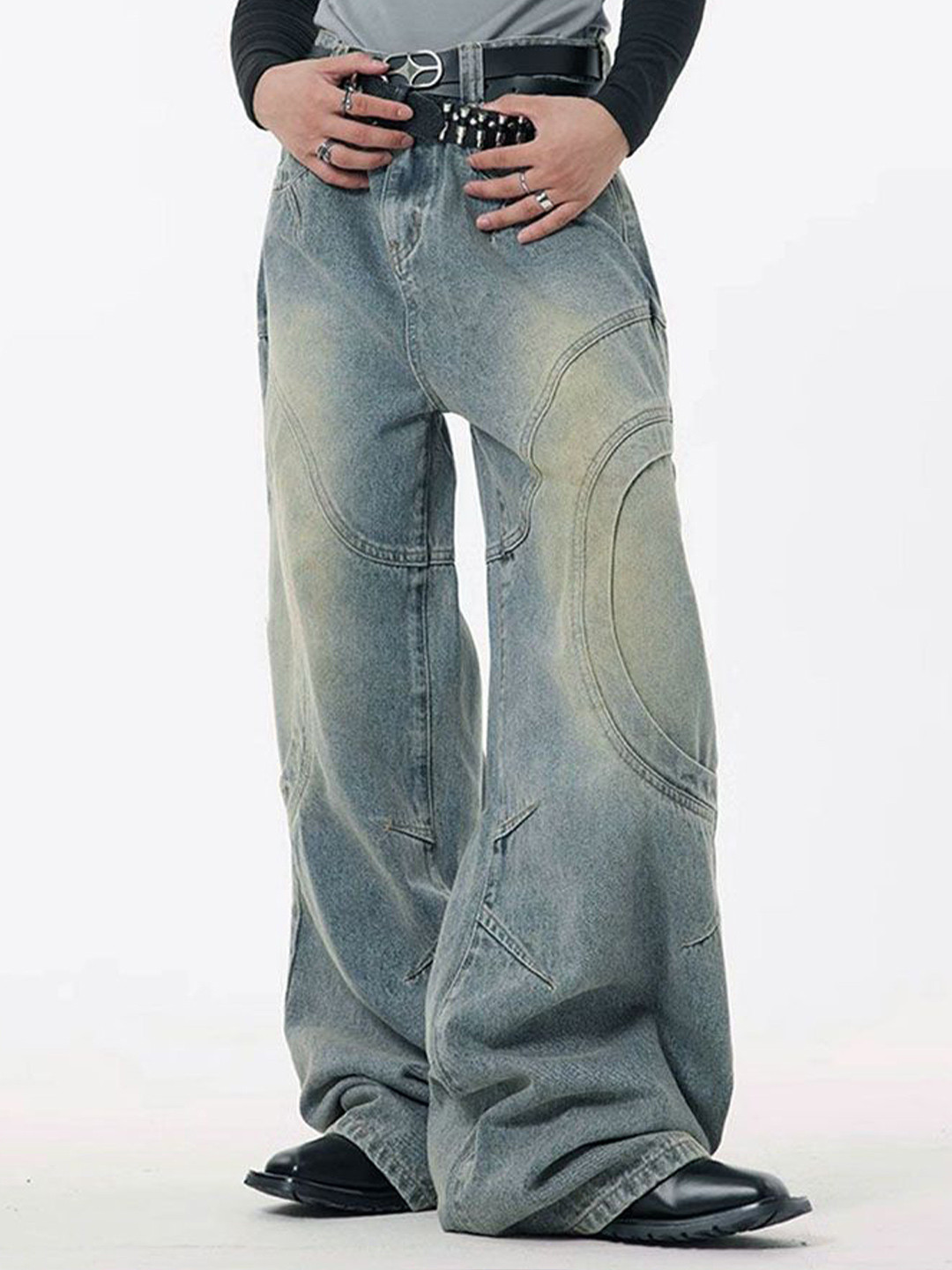 Off Duty India Men Washed Curved Stitches Wide Leg Jeans