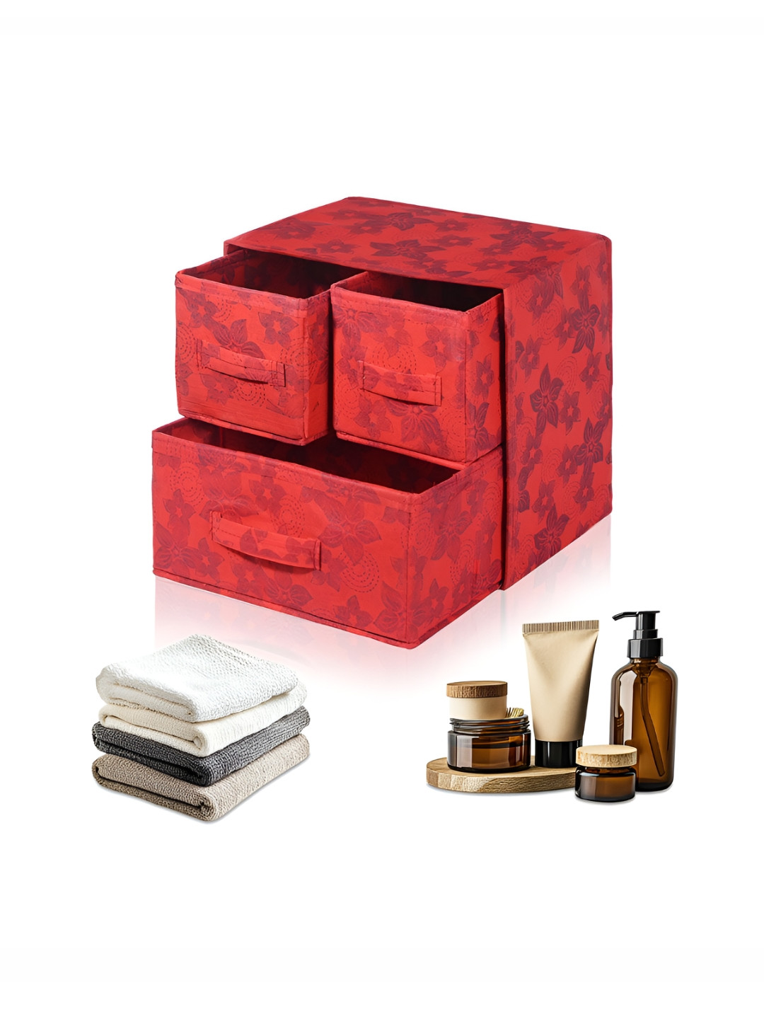 Myntra Elegant Homes Red & Blue 3 Pieces Floral Printed Drawer Organisers