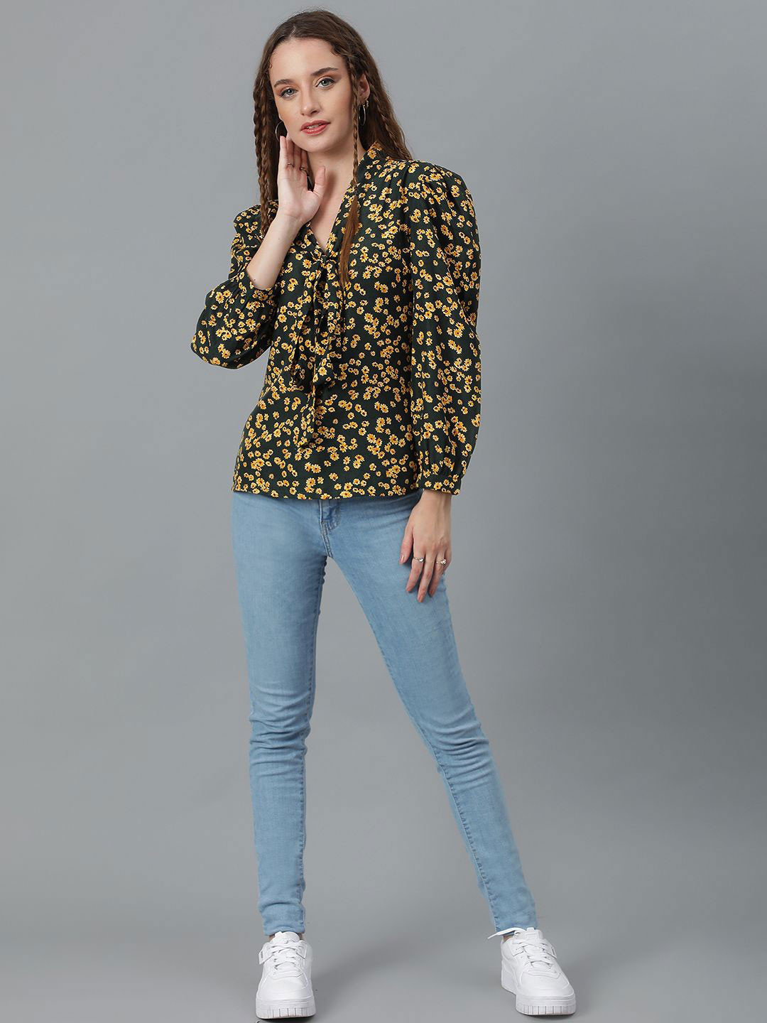 Stylecast X Kotty Women Floral Printed Puff Sleeves Tie-Up Neck Top