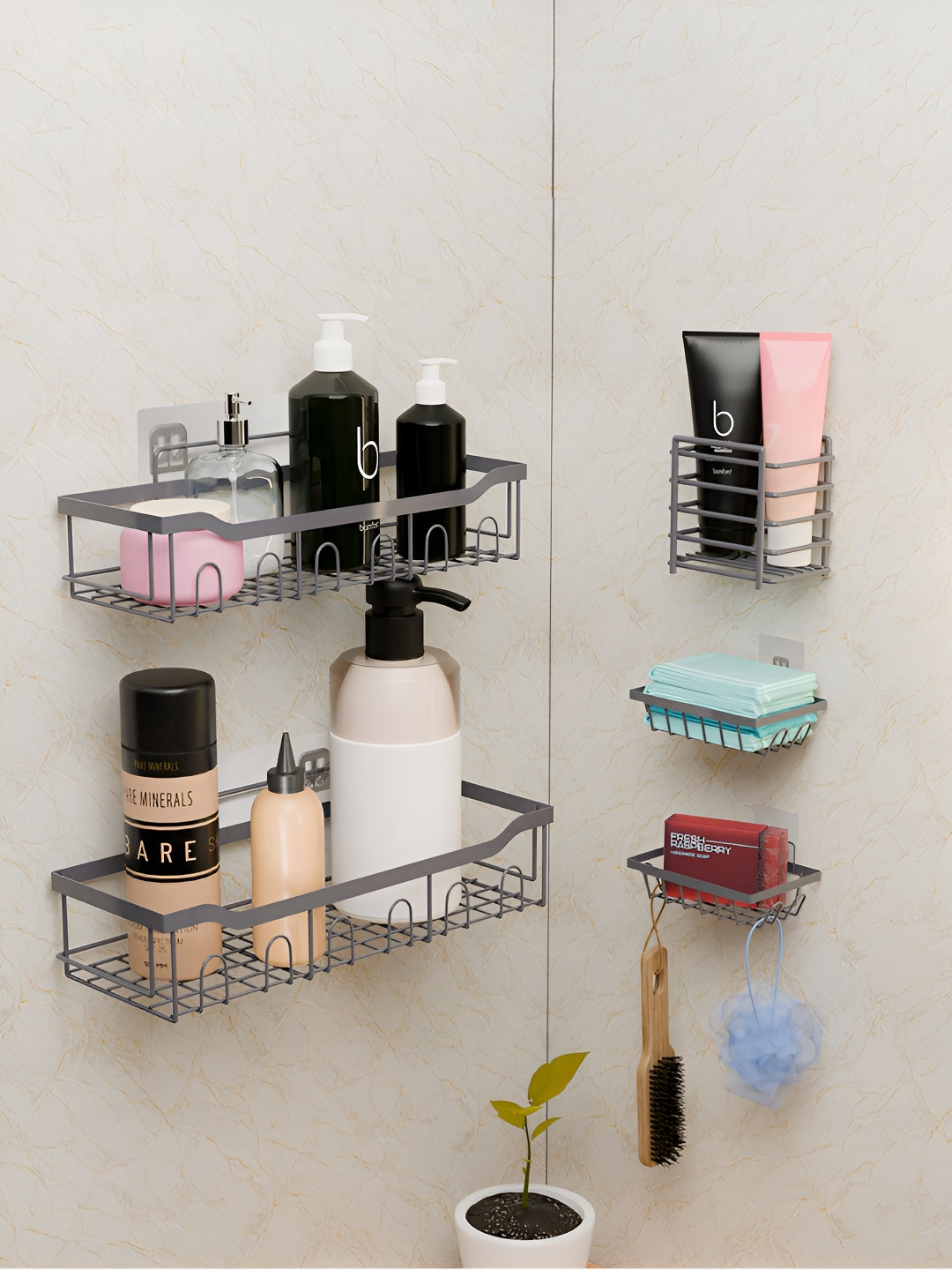 Aura Grey Set of 5 Regular Multi-Utility Metal Bathroom Rack without Drill Racks