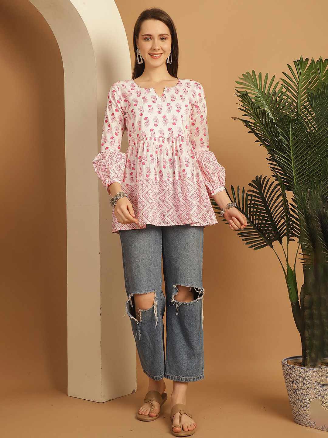 Merira Women Floral Jaipuri Printed Gathered or Pleated Round Neck Cotton Empire Top