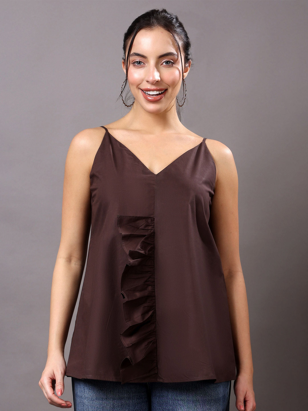 MEEAMI FASHION Women Poplin Brown Front Ruffle Top