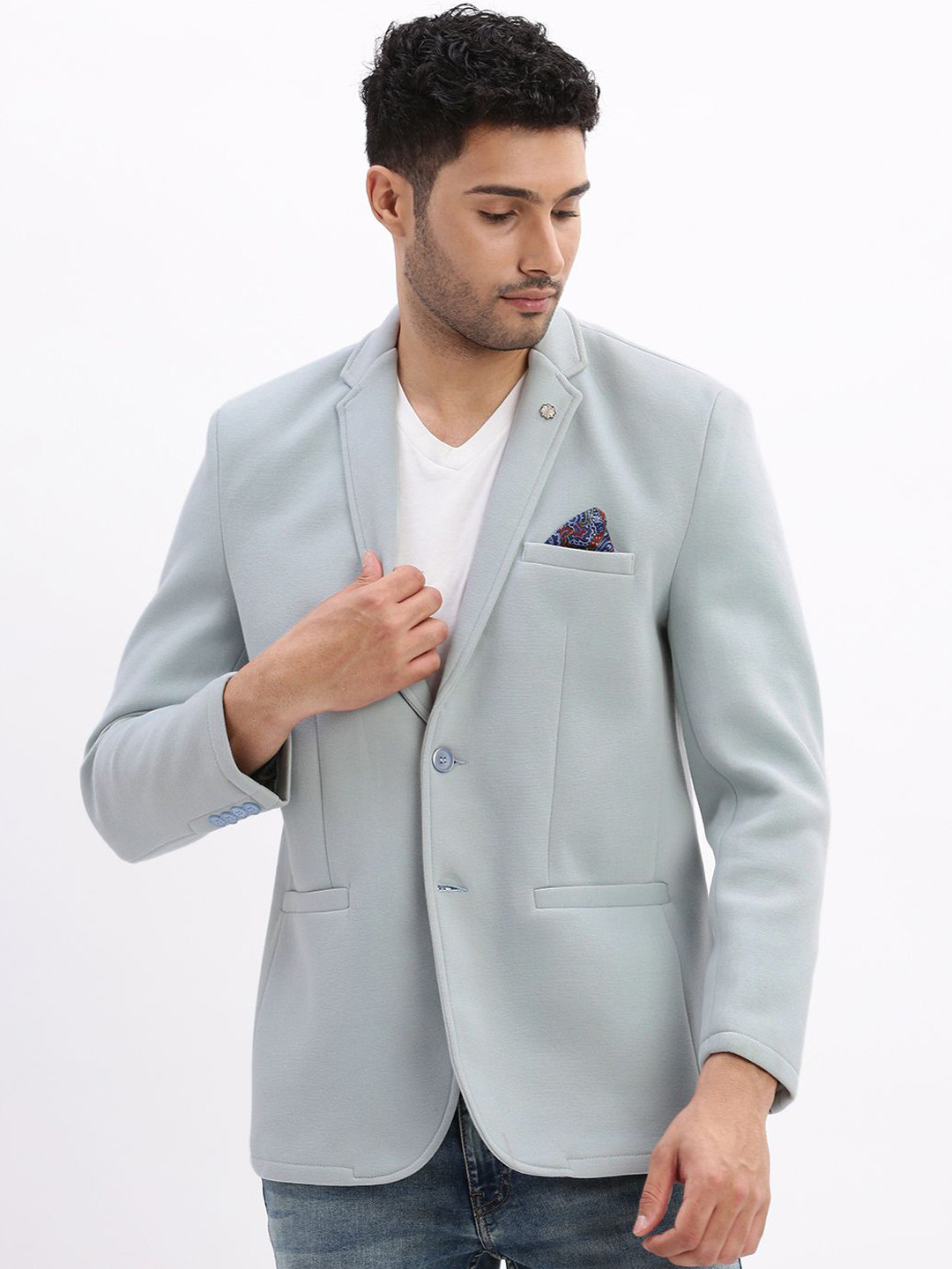 SHOWOFFFF Cotton Notched Lapel Collar Slim-Fit Single Breasted Blazer