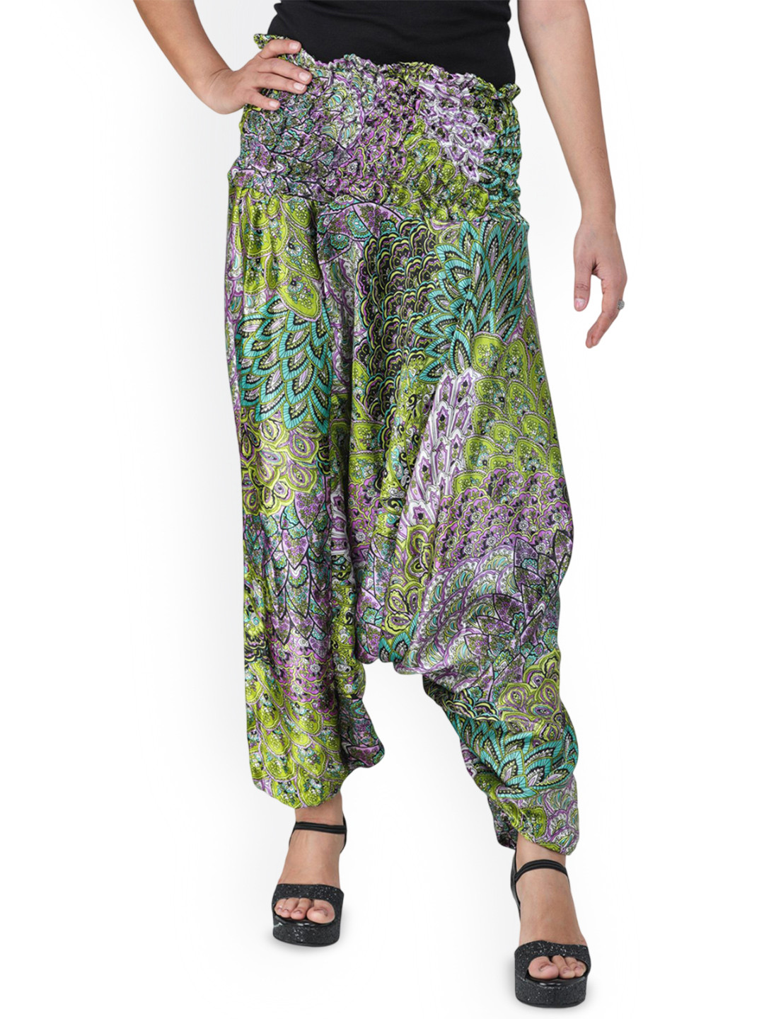 Exotic India Printed Satin Harem Pants for Women