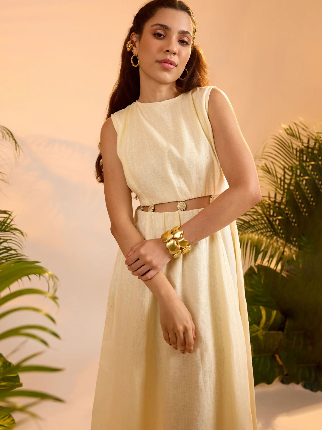 dhaaga Solid Linen Fit & Flare Midi Lyla Dress