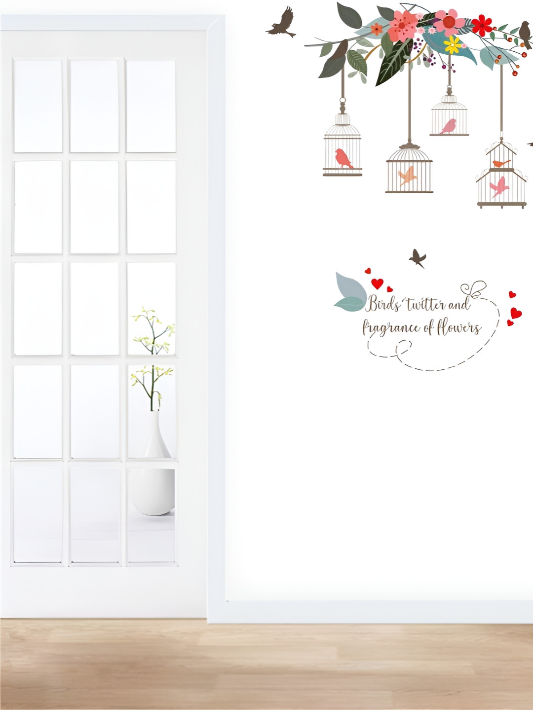 Aura Green & Red Bird Cage With Floral Vine & Flying Birds Self Adhesive Wall Sticker