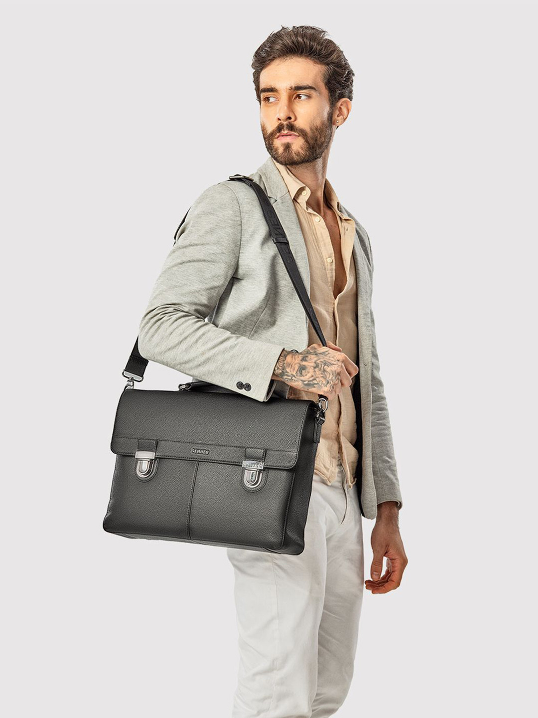 SENNES Men Leather Maschile Textured Laptop Bag