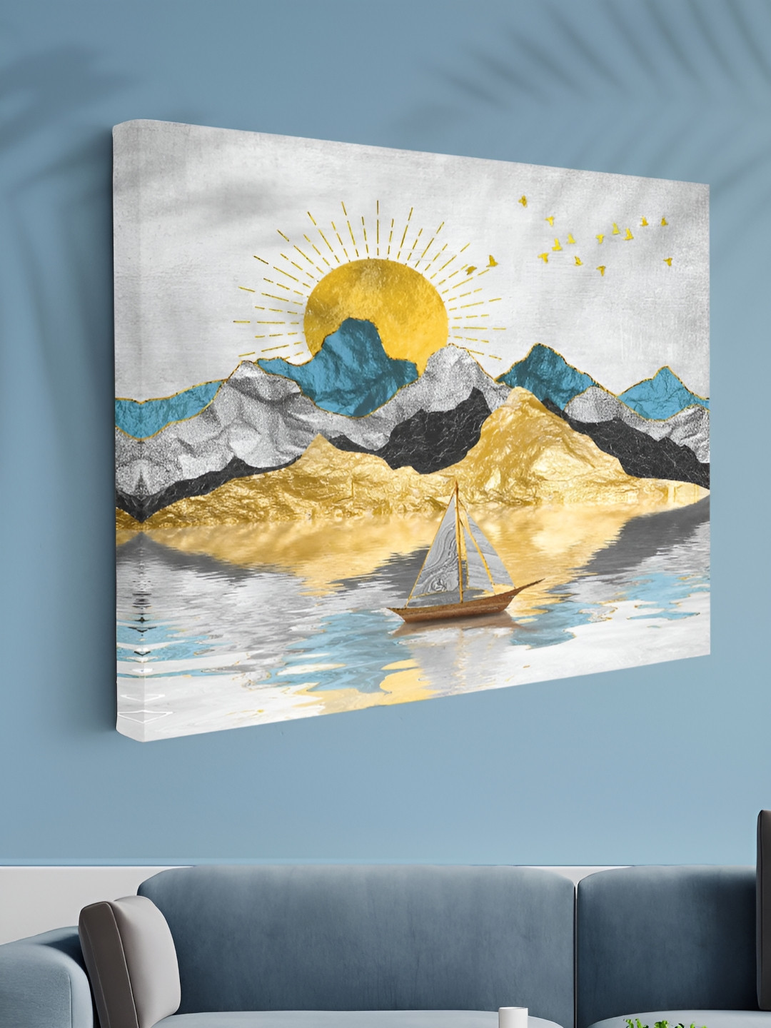 Aura Blue & Gold-Toned Mountain & Sailboat Printed Canvas Wall Art