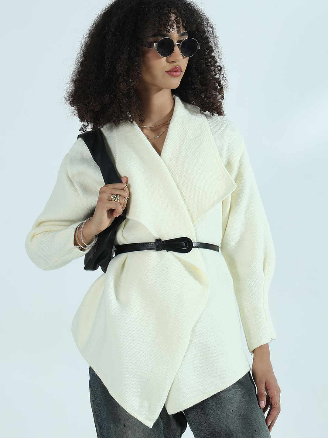 SHOWOFF Women V-Neck Textured Knit Wrap Top With Belted Waist