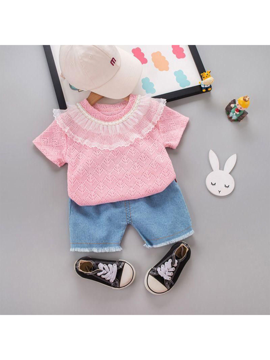 POP STREET KIDS Girls Self Design Round Neck Top with Shorts