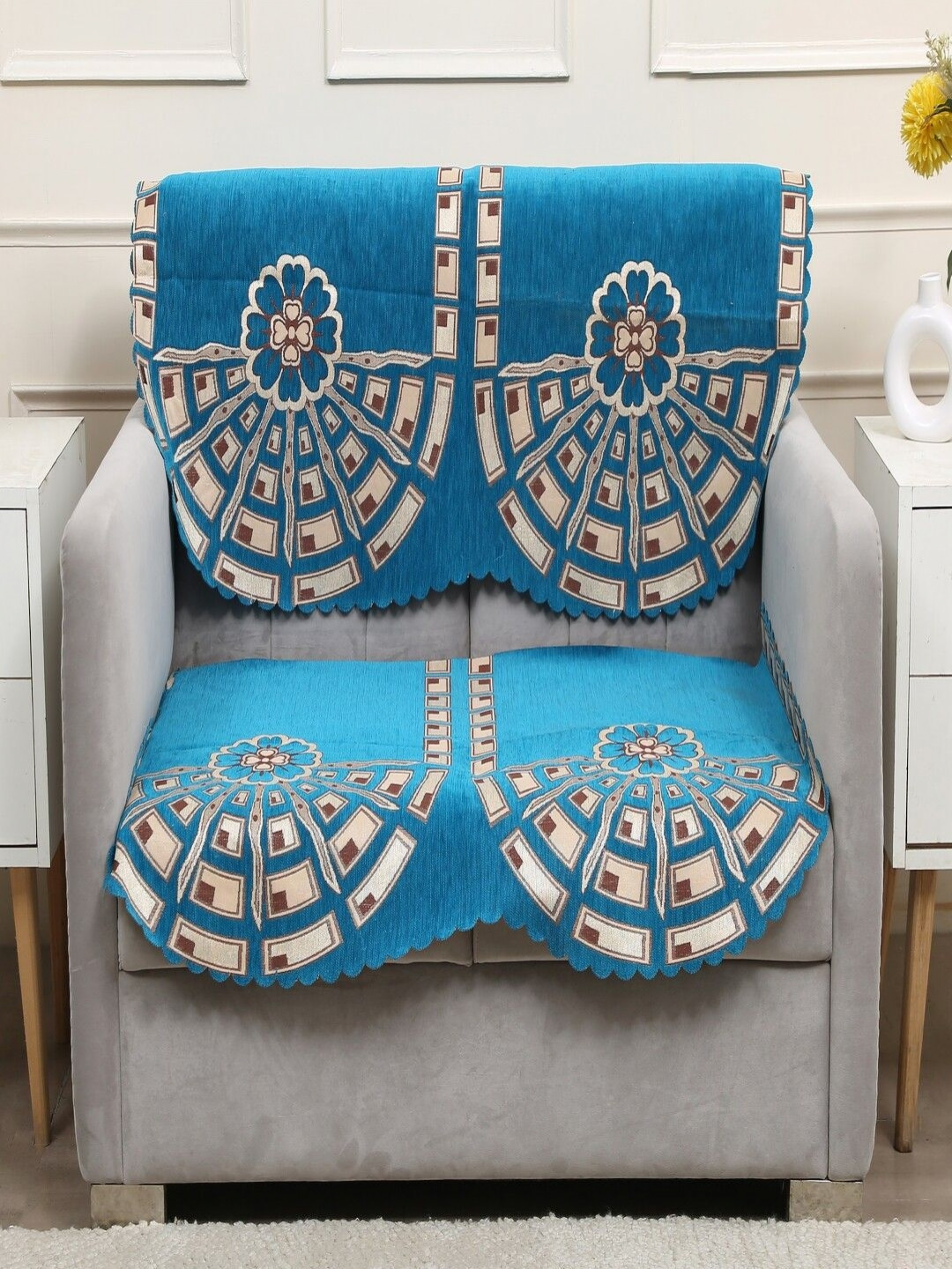 Fashion Throw Turquoise Blue & Brown 2 Pieces Striped Jacquard 2 Seater Sofa Covers
