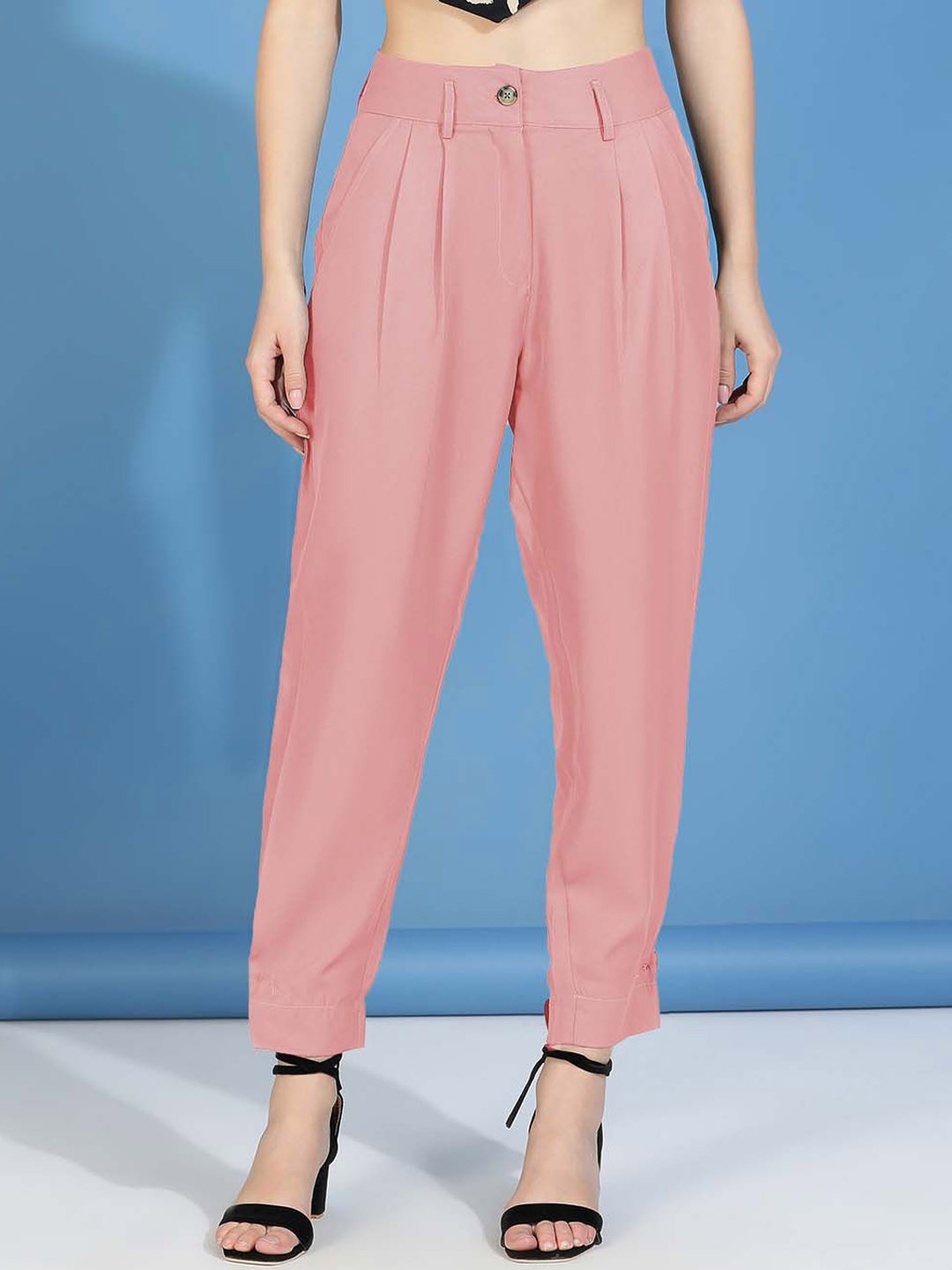Stylecast X Kotty Women Solid Regular Fit Mid-Rise Pleated Cotton Button Pant Trousers