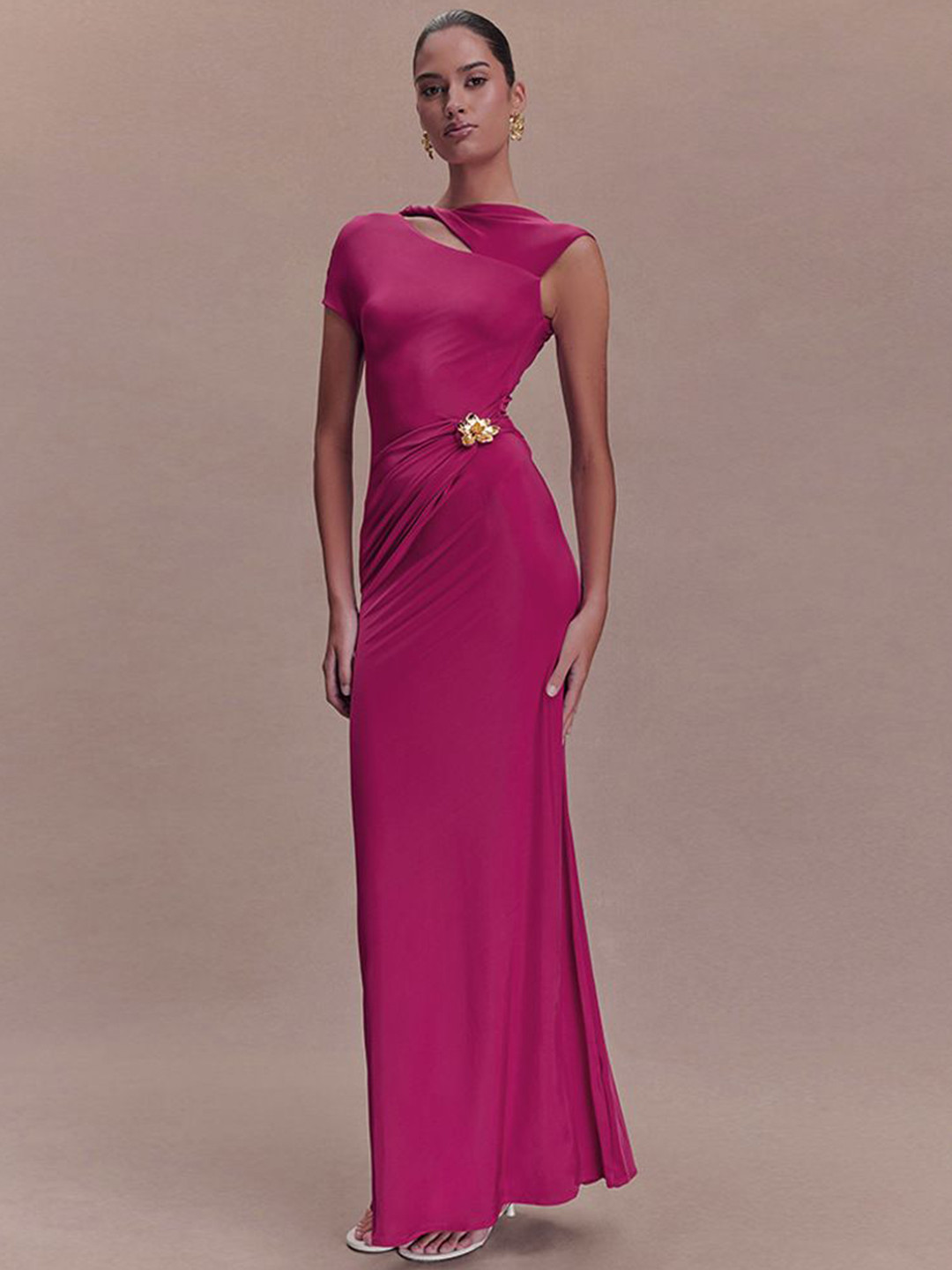 bebe Women Short Sleeves Cut-Outs Bodycon Maxi Dress