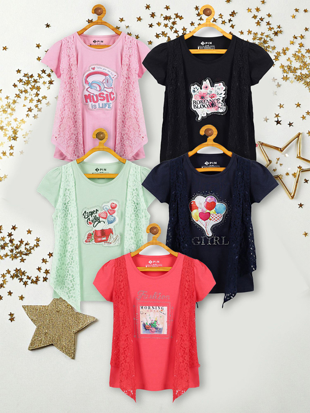 3PIN Kids Girls Pack of 5 Graphic Printed Round Neck Cotton Top