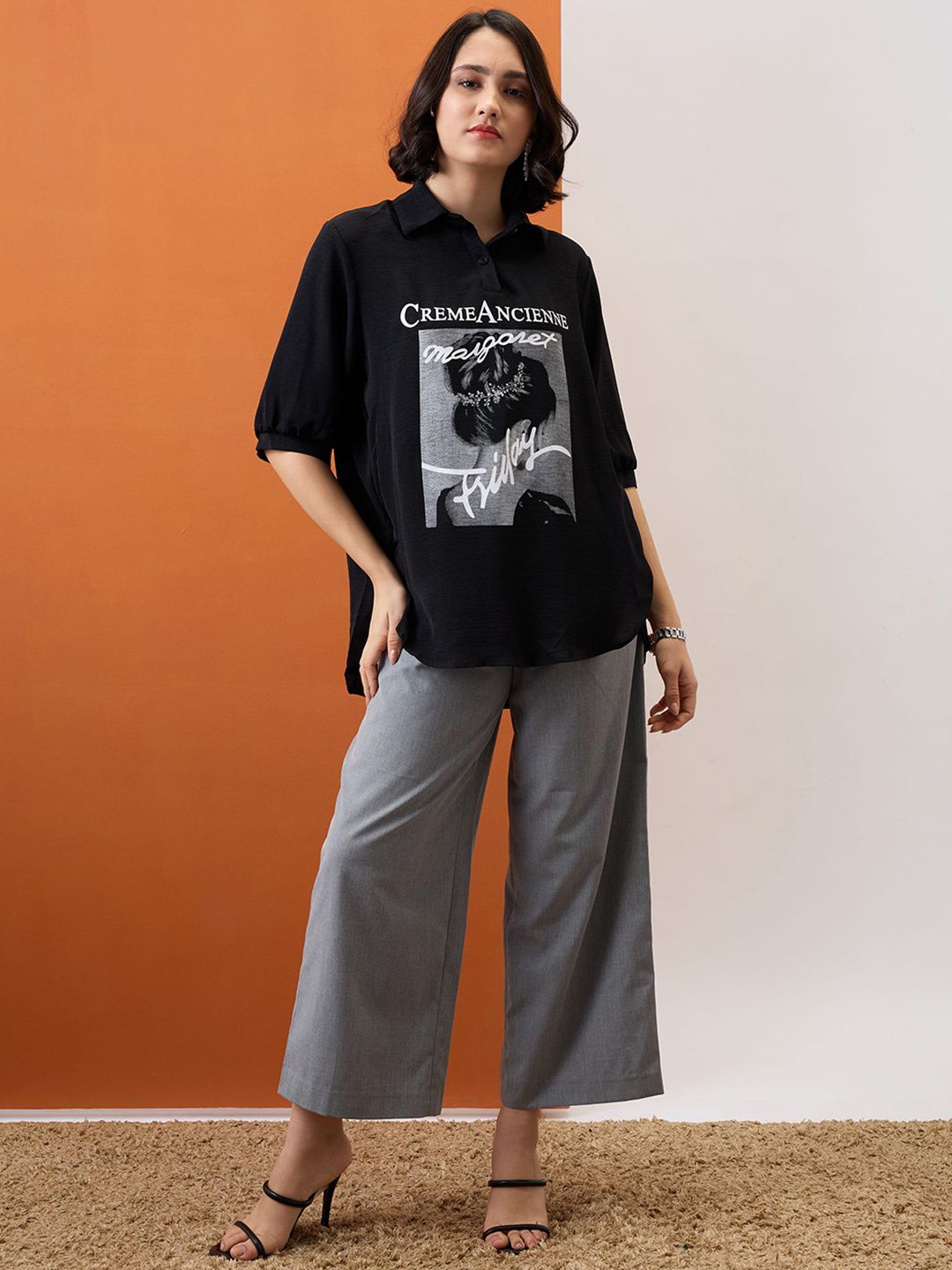 Globus Collared Neck Graphic Print High Low Hem Oversized Shirt Style Top