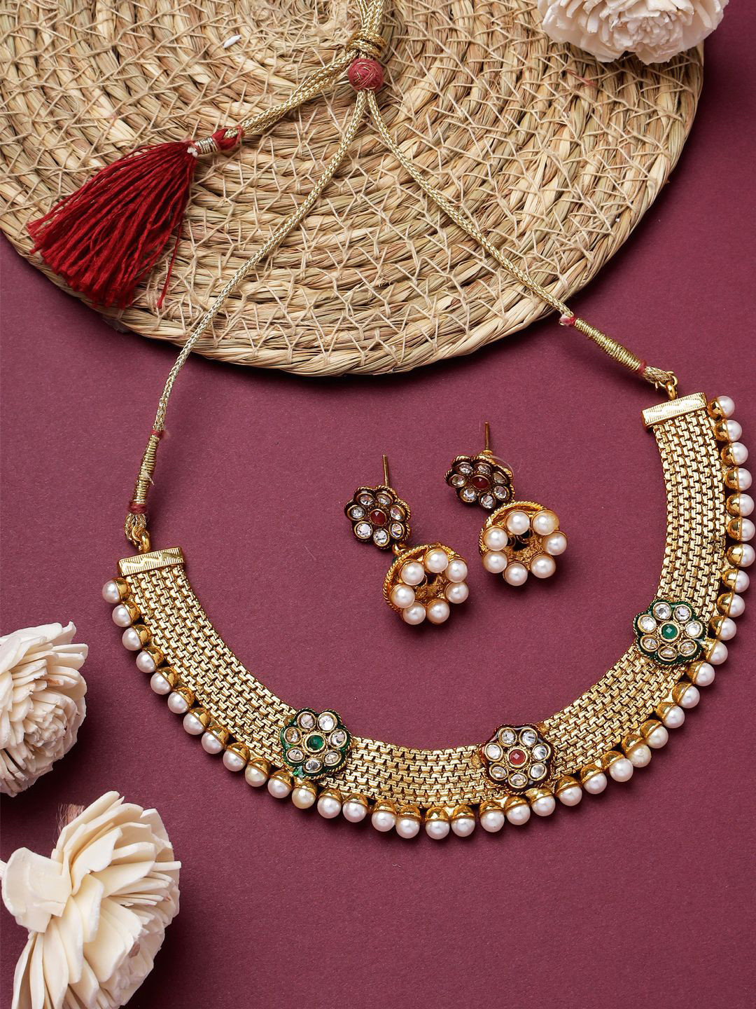 ANIKAS CREATION Gold Plated Stones Studded & Beaded Patta Chain Choker Jewellery Set