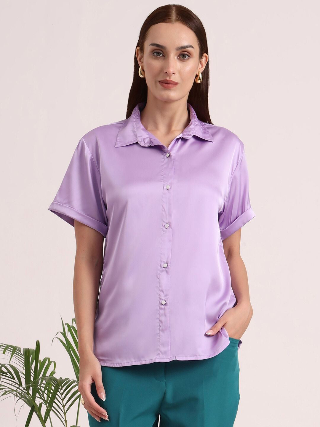 AMSWAN Women European Satin Short Sleeves Shirt