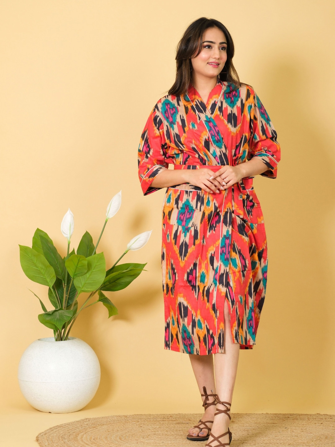 Marika Jaipuri Ikat Printed Multicoloured Ethnic Motifs Cotton Drawstring Midi Bath Robe