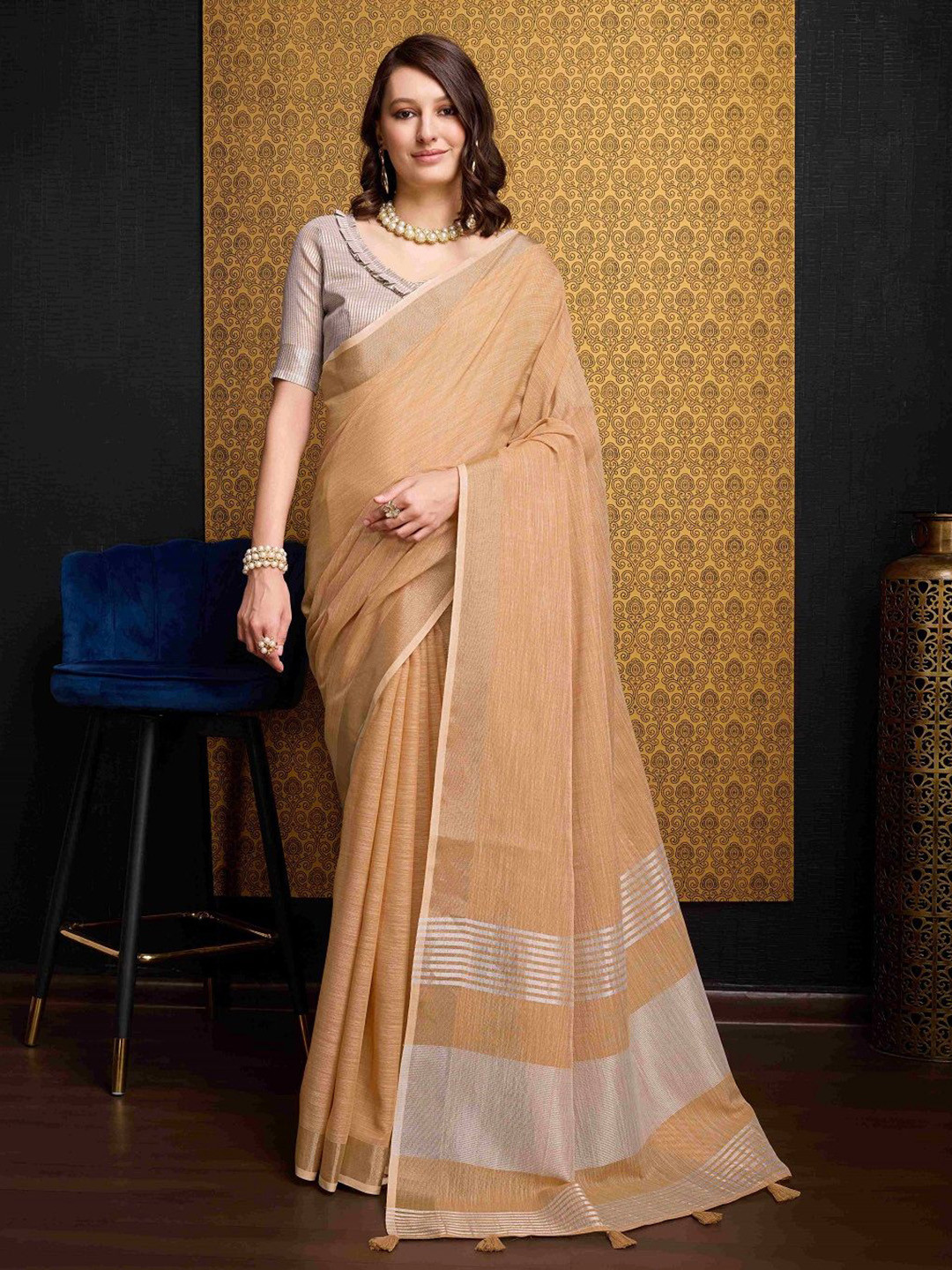 SWORNOF Solid Zari Pure Linen Saree with Blouse Piece