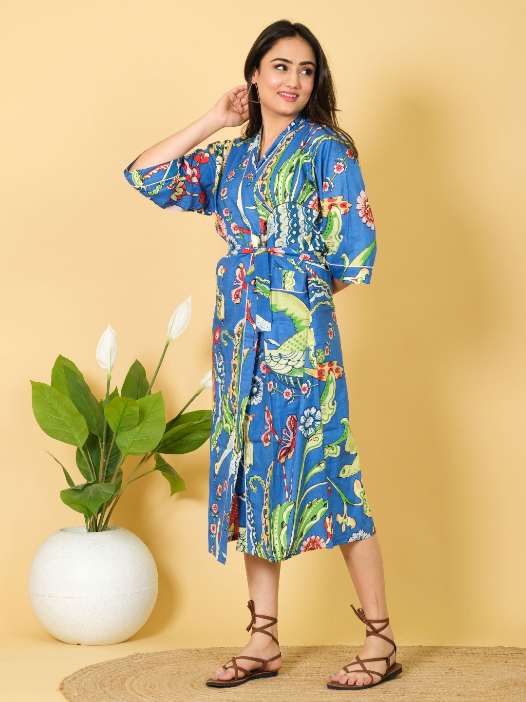 Marika Kimono Blue Floral Cotton Drawstring Midi Bath Robe