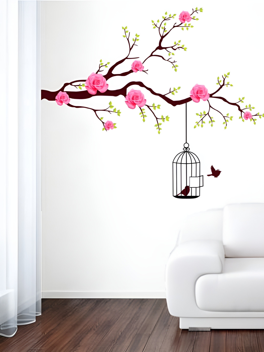 Aura Rose & Green Branch with Bird Cage Printed Self Adhesive Wall Sticker