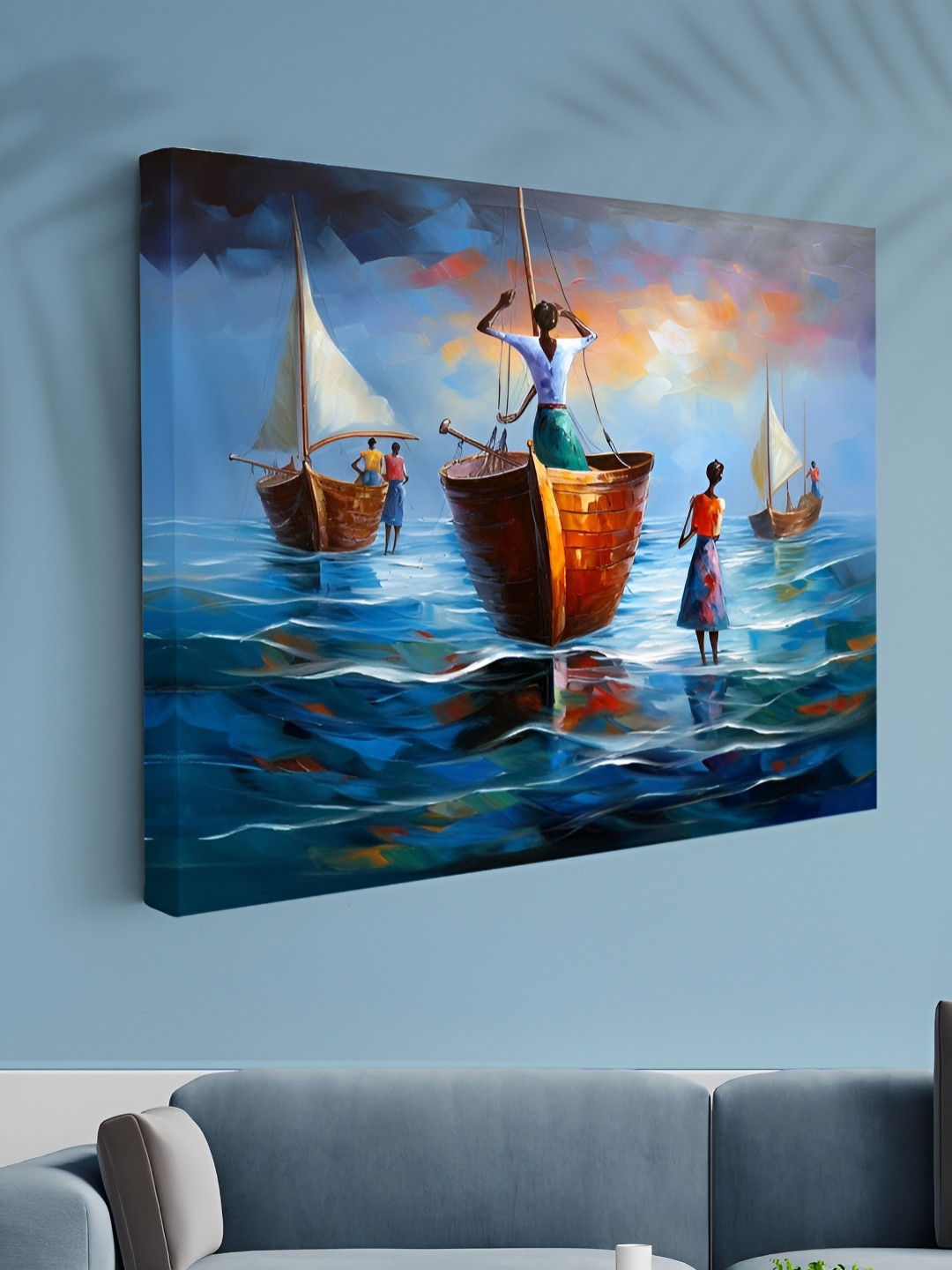 Aura Colorful Sailboat & Sea People Canvas Wall Rectangle Paintings Wall Art -24 x 18 In