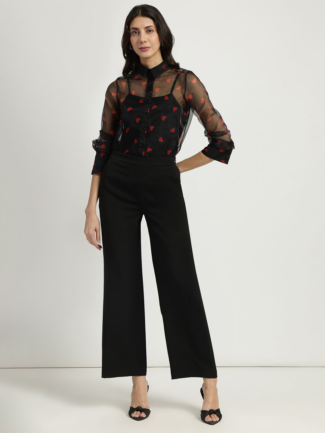 FableStreet Classic Heart Printed Bell Cuff Satin Shirt