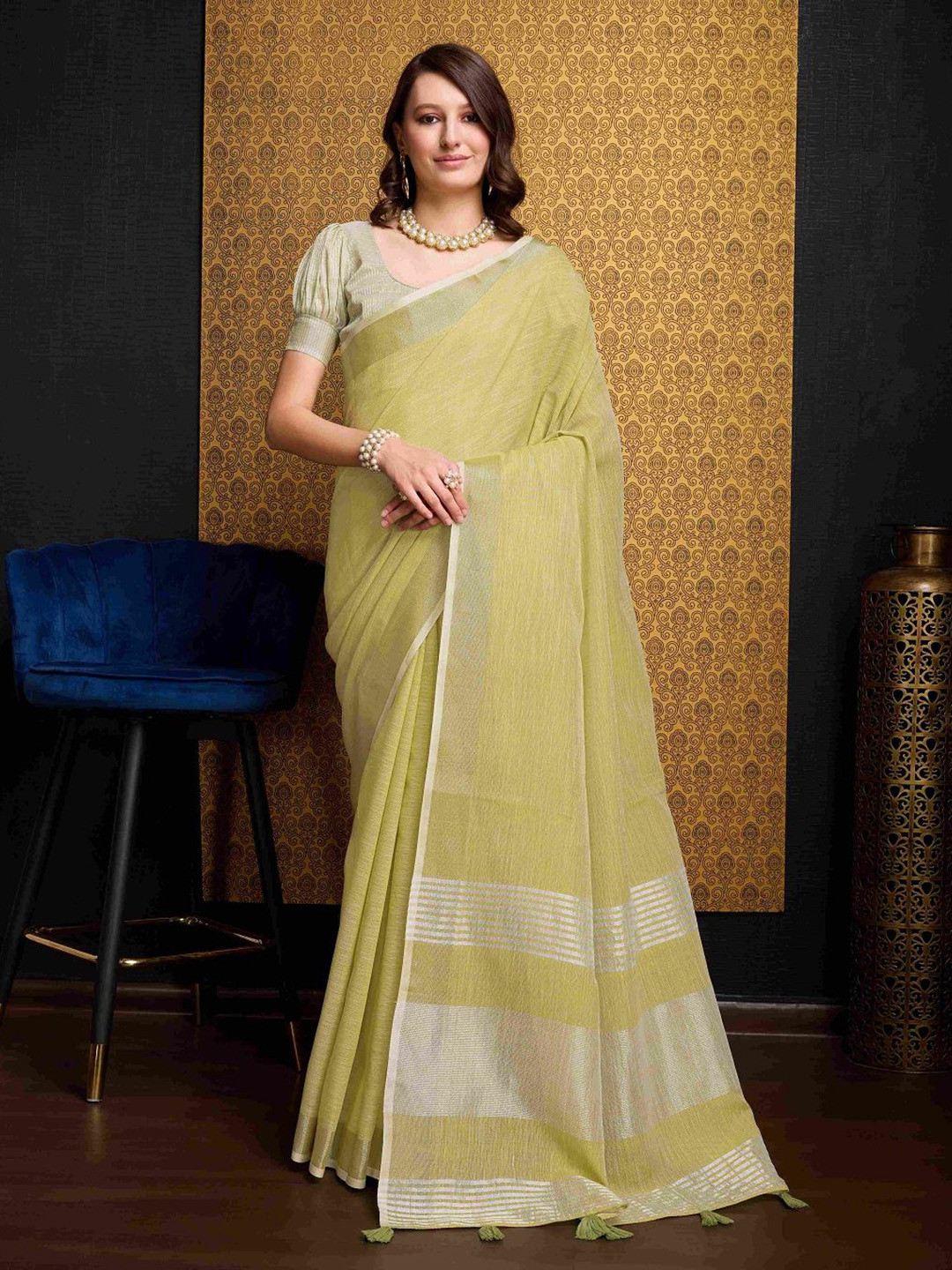 SWORNOF Zari Pure Linen Saree with Blouse Piece