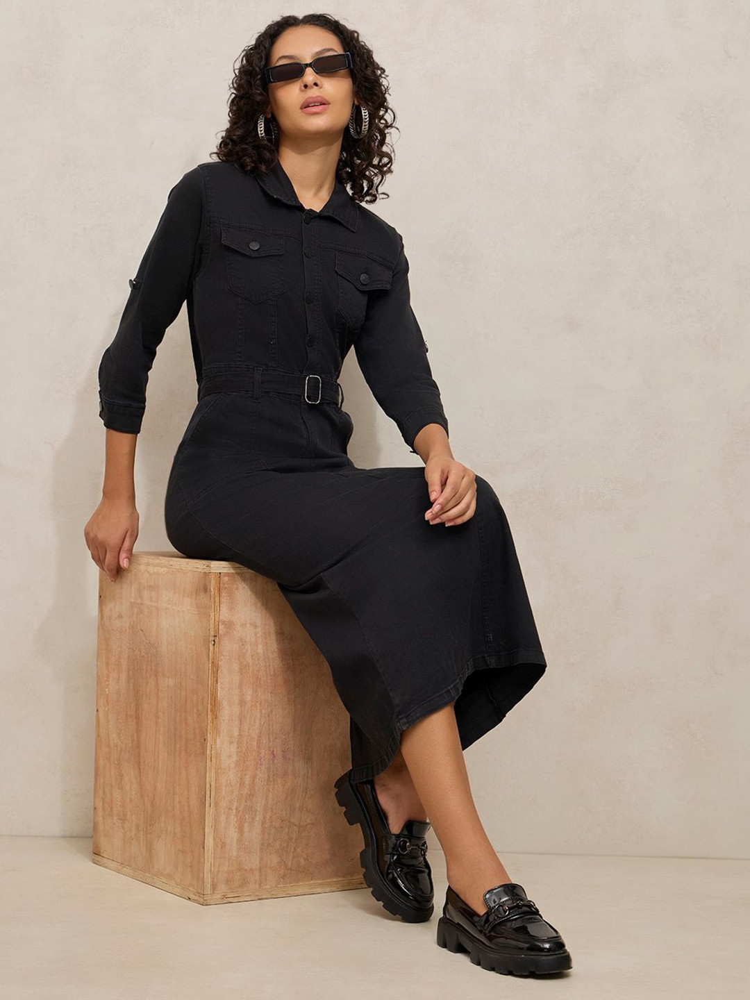 SHOWOFF Women Roll-Up Sleeves Cotton Denim Shirt Midi Dress With Belt