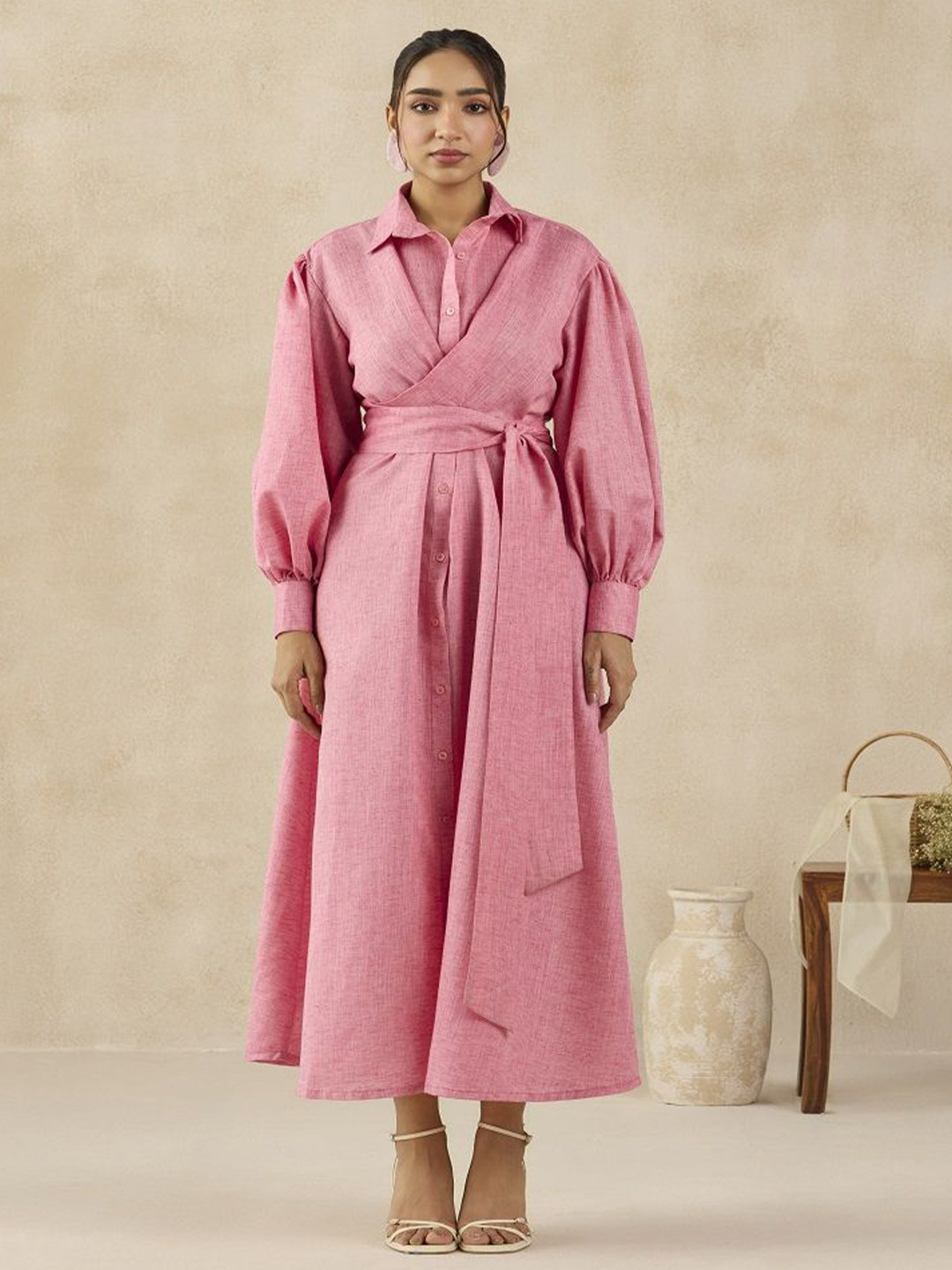 SIL SILA Women Solid Short Collar Linen Wrap Maxi Dress