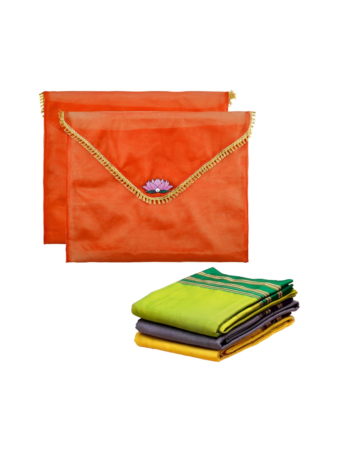 Aura 2 Pcs Orange & Gold Double Layer Organza Saree Covers with Flower Flap Closure