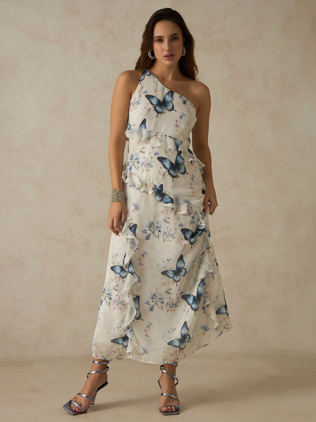 Virgio Georgette Asymmetric Ruffle Maxi Dress