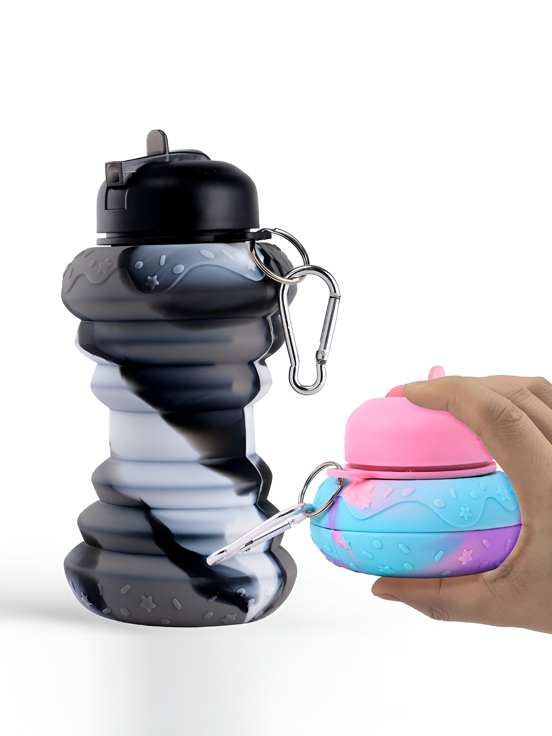 Aura Black Colourblocked Plastic Collapsible 2 Piece Water Bottle - 600ml