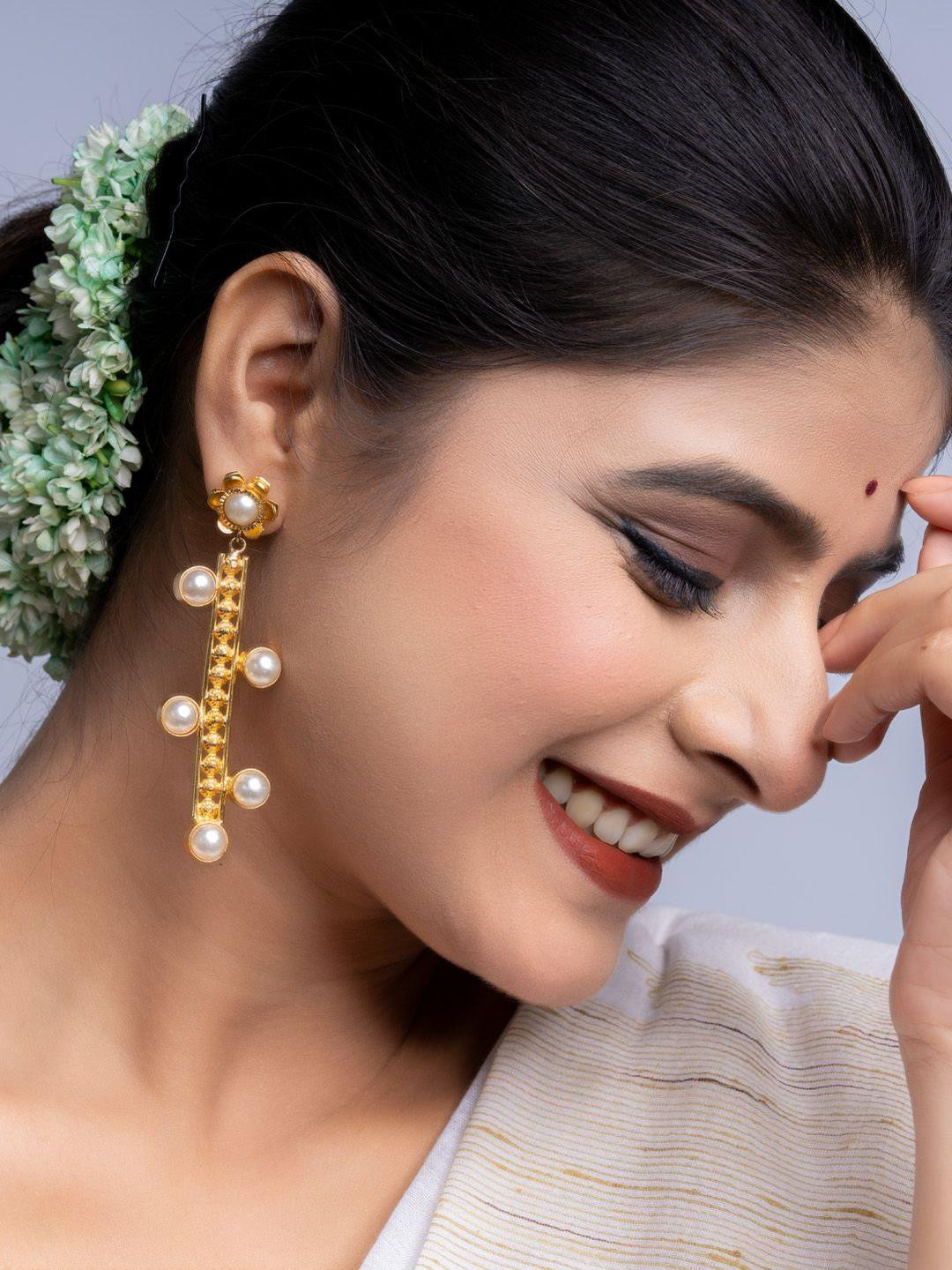 Look and Adorn Floral Pearl Studded Brass Dangler Earrings