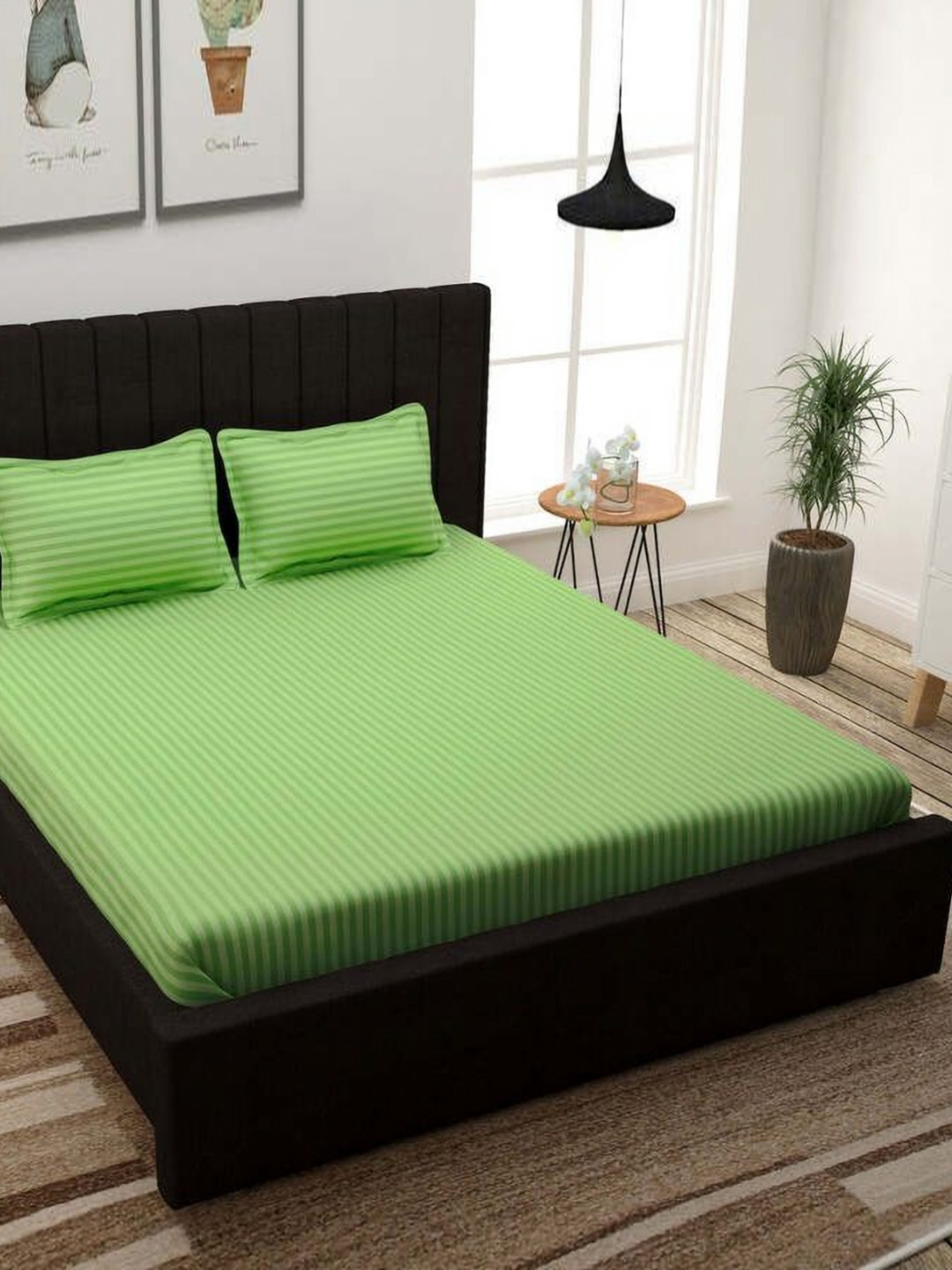 Bedbathandbliss Green Striped Polycotton 300 TC Super King Superfine Bedsheet with 2 Pillow Covers-274 x 274 cm